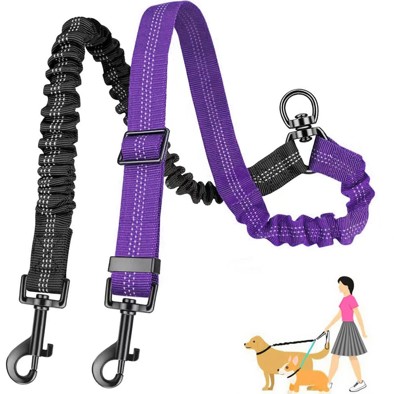 AKEISHE Double Leash for Two Dogs, 2-in-1 No Tangle Design with Bungee Shock Absorber & Adjustable Strap for Walking, Running, Training (Purple)