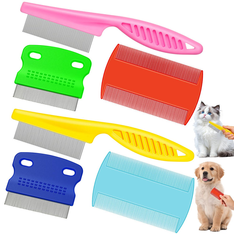 Boao 6 Pack Flea Lice Comb Stainless Steel Dog Cat Grooming Combs with Rounded Teeth, Double Sided Pet Tear Stain Remover Dematting Tool for Pets(Pink, Yellow, Dark Blue, Green, Blue, Orange)