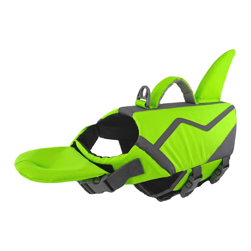 Doglay Shark Dog Life Jacket with Removable Neck Float, High Buoyancy Adjustable Pet Swim Vest with Rescue Handle for Swimming & Boating, for Small Medium Large Dogs, S, Bright Green