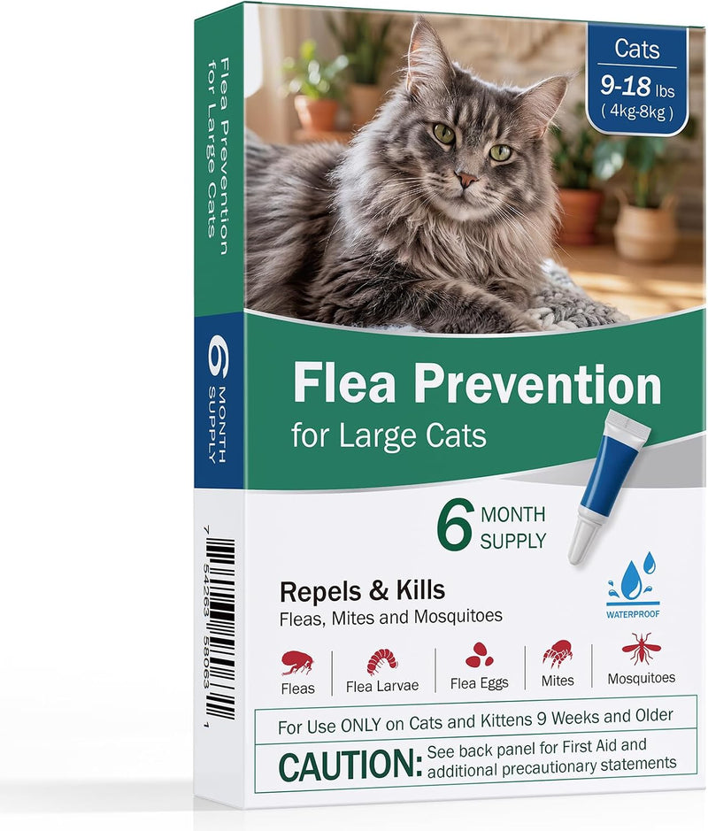 Cat Flea Treatment - Topical Flea Treatment for Cats 9-18 lbs, 6-Month Supply, Waterproof and Fast-Acting & Long, Flea S