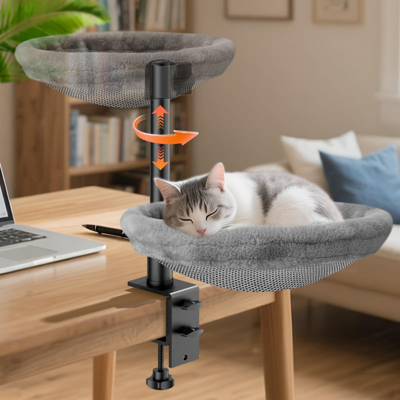 Giisorde Cat Desk Bed, Cat Hammock for Home Office, 360°Rotating & Adjustable Shelf, Removable Comfortable Soft Pet Nest Bed, Modern Unique Kitten Furniture Attachment for Game Tables, Grey