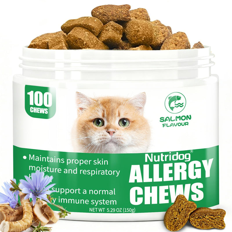 Cat Allergy Relief Chews for Seasonal Allergies - Itchy Skin, Sneezing & Paw Licking Remedy with Colostrum, Probiotics 300M CFU & Omega 3, Salmon Flavor Soft Chews, 100 Count