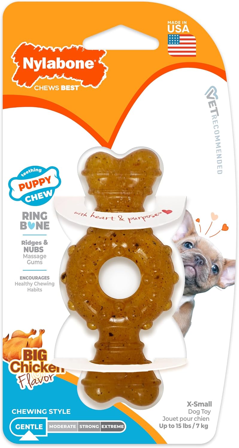 Nylabone Ring Bone Chew Toy for Puppies, Puppy Teething Toys, Puppy Enrichment Toys, Chicken Flavor, X-Small Dogs - Up to 15 lbs, 1 Count