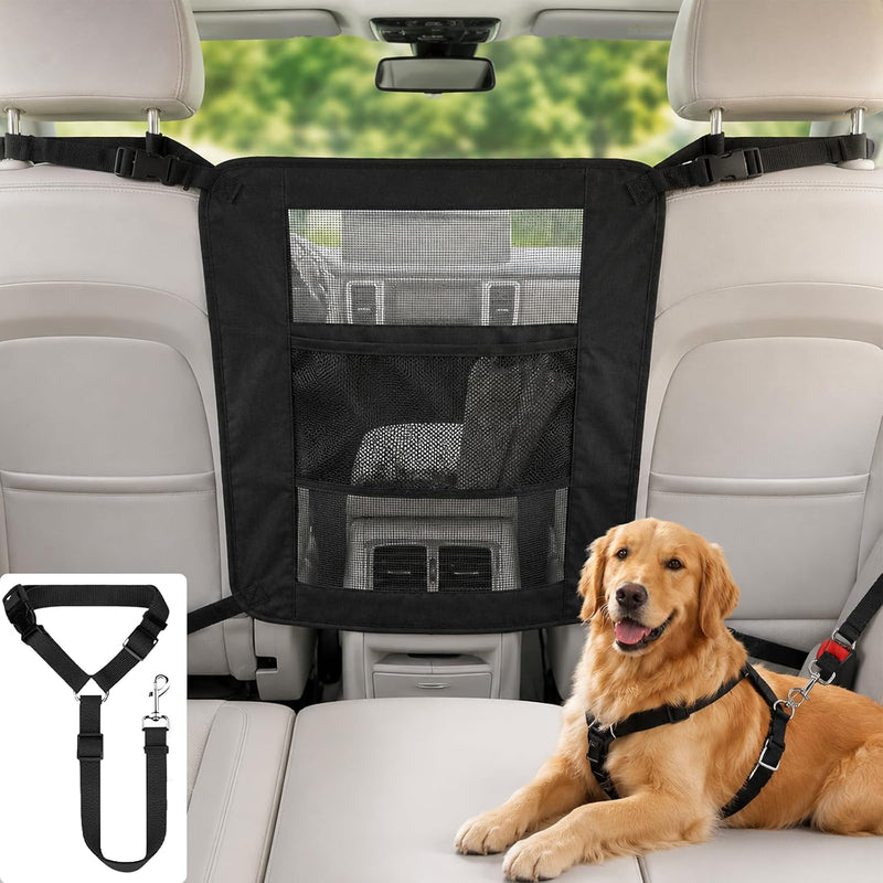 Dog Car Barrier, Dog Car Net Barrier, Heavy Duty Canvas Seat Divider with Belt Set, Double-Sided Organizer, Adjustable Pet Safety Kit, Precision Fit for SUV & Cars