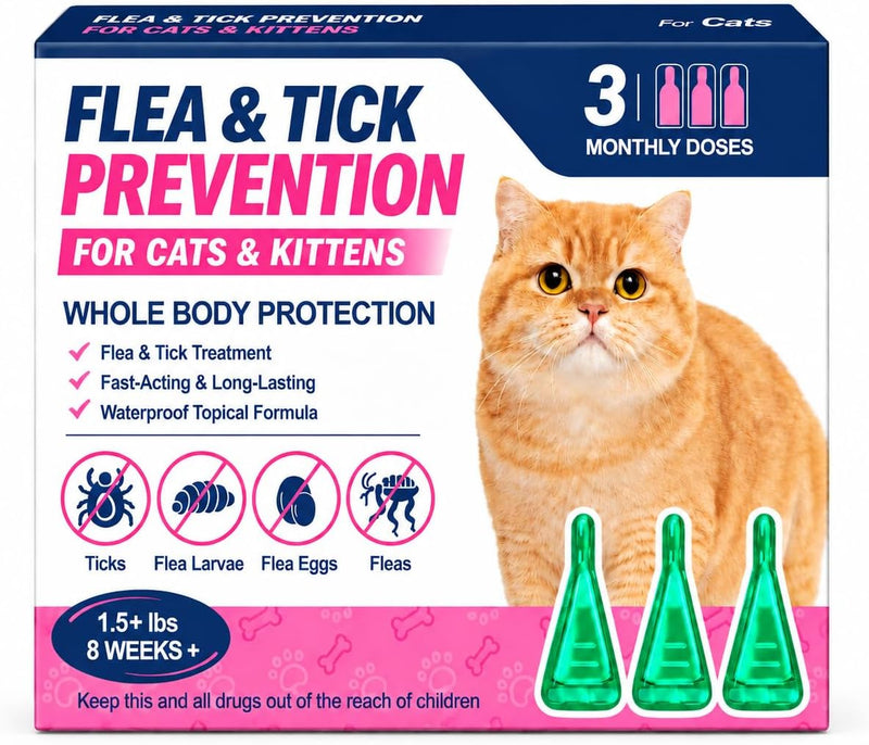 Topical for Cats – Topical Flea & Tick Care – for Cats 1.5+ lbs, 8 Weeks+,3 Monthly Doses