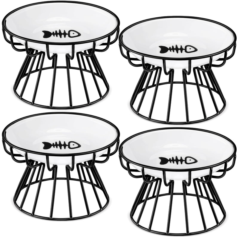 Roshtia 4 Sets Elevated Cat Bowls Ceramic Raised Cat Food Bowls with Metal Stand Dishwasher Safe Dishes Non Slip Elevated Food Plate(Black,Fishbone)