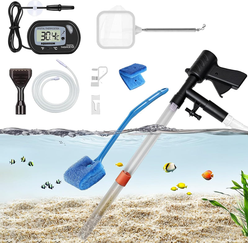 Fish Tank Cleaner Kit with Digital Thermometer, Gravel Vacuum for Aquarium, Aquarium Vacuum & Siphon, Fish Tank Cleaning