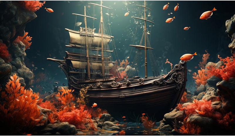 Pirate Shipwreck Aquarium Background Under The Sea Coral Reefs Fish Tank Background Underwater Sunken Ship Landscape Ter