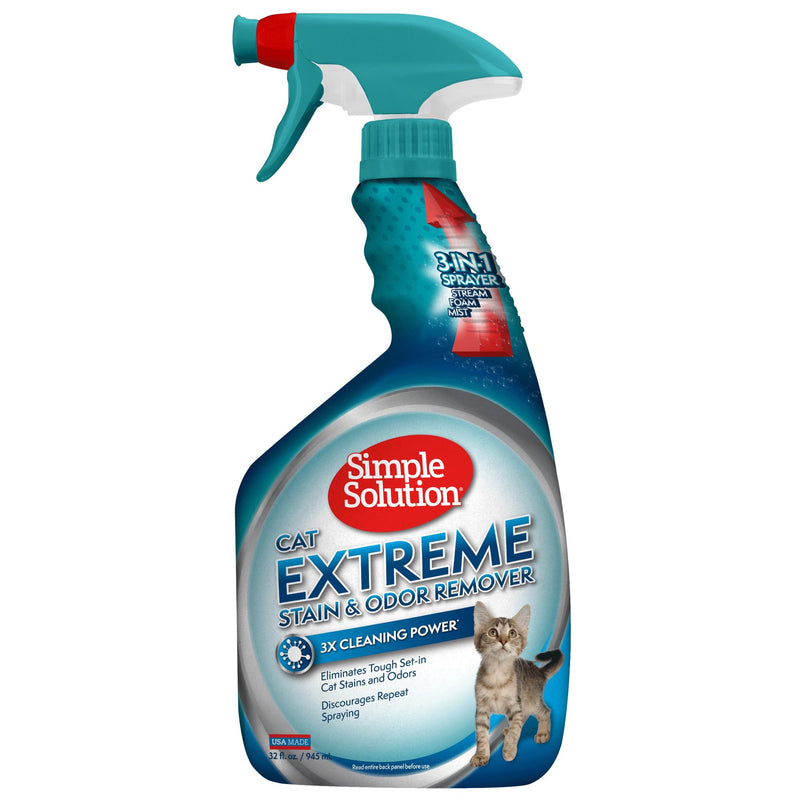 Simple Solution Extreme Cat Stain Eliminator for Strong Odor, Pet Odor Eliminator for Home, Stain Remover for Cats, Kitten Essentials, Floor Cleaner, Urine Destroyer, Carpet Cleaner Spray, 32oz