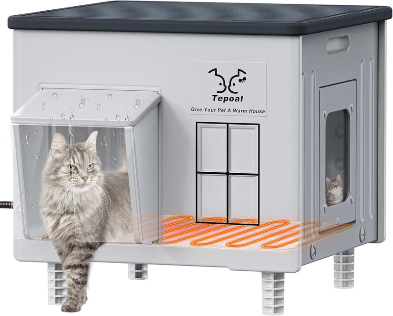 Indestructible Heated Cat House for Outside - Extremely Waterproof & Weatherproof Heated Outdoor Cat House with Escape D