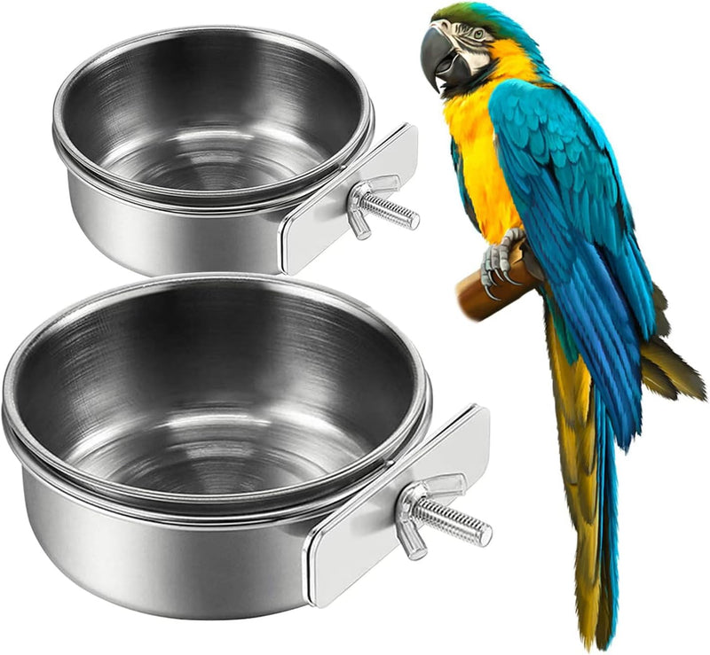 2Pcs Stainless Steel Bird Feeding Bowls, Parrot Food Water Feeder Cage Cup Holder Dia 3.93