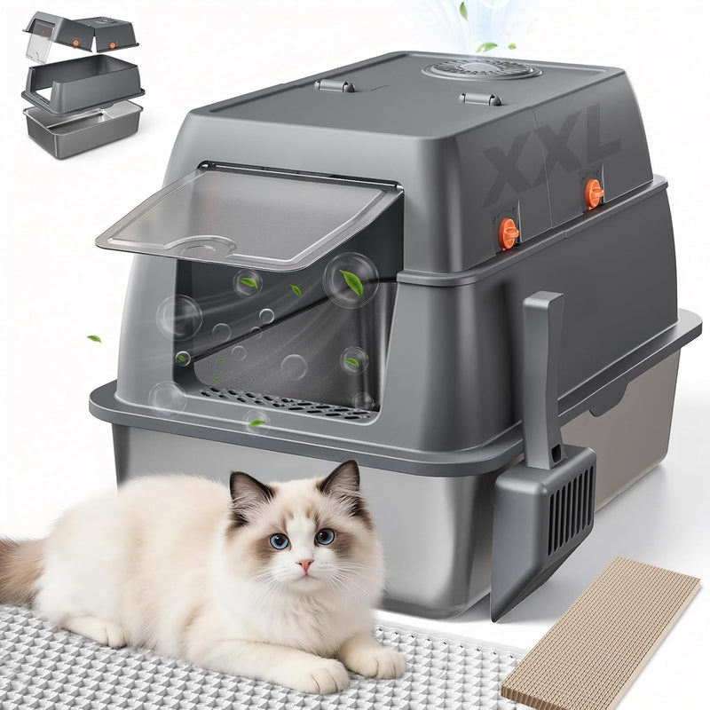 GTPLAYER XXL Stainless Steel Cat Litter Box with Lid, High Sided Enclosed Cat Litter Box, Activated Carbon Odor Control,