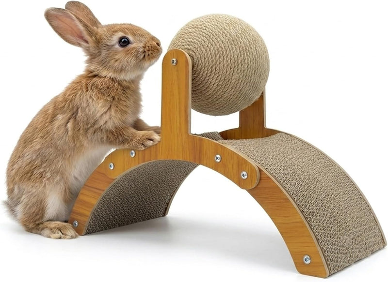2-in-1 Rabbit Scratching Toy - Natural Sisal Ball & Corrugated Cardboard Pad Bunny Claw Scratcher, Stable Wood Arch Brid
