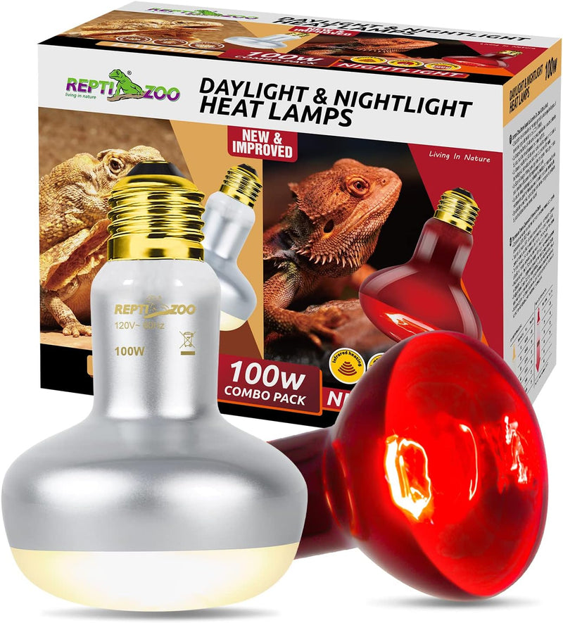 REPTI ZOO 2 Pack 100W Reptile Heat Lamp Bulbs,Upgraded Reptile Day and Night Basking Spot Bulb Combo Amphibian Infrared