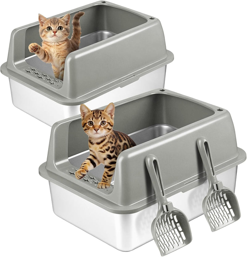 Kirecoo 2 Pack Medium Semi-Enclosed Stainless Steel Cat Litter Box with Lid