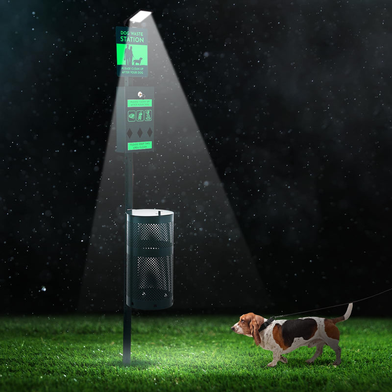 Tujoe Dog Waste Station with Solar Panels Outdoor Light Up at Night,Galvanized Steel Dog Trash Bin Dispenser,Rust Proof LED Pet Station for Commercial Park Backyard(with Trash Bin)