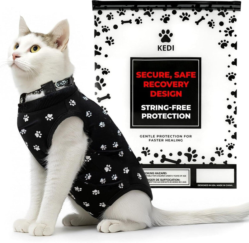 Cat Surgery Recovery Suit Female Cat Onesie for Cats After Surgery Spay Surgical Abdominal Wound Skin Diseases E-Collar Alternative Wear (Black, Medium)