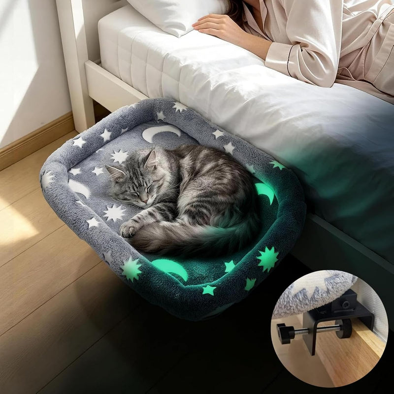 Bedside Cat Bed Attached to Human Bed with Glow in The Dark Stars
