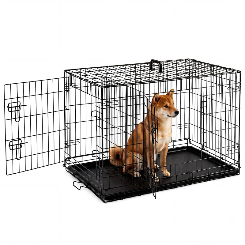 Aidoly Dog Crate - Medium 36 Inch Double Door Portable Dog Cage, Metal Wire Pet Kennel with Secure Lock, Leak-Proof Pan Tray, Foldable Design for Dogs Pets Indoor Training and Outdoor Travel