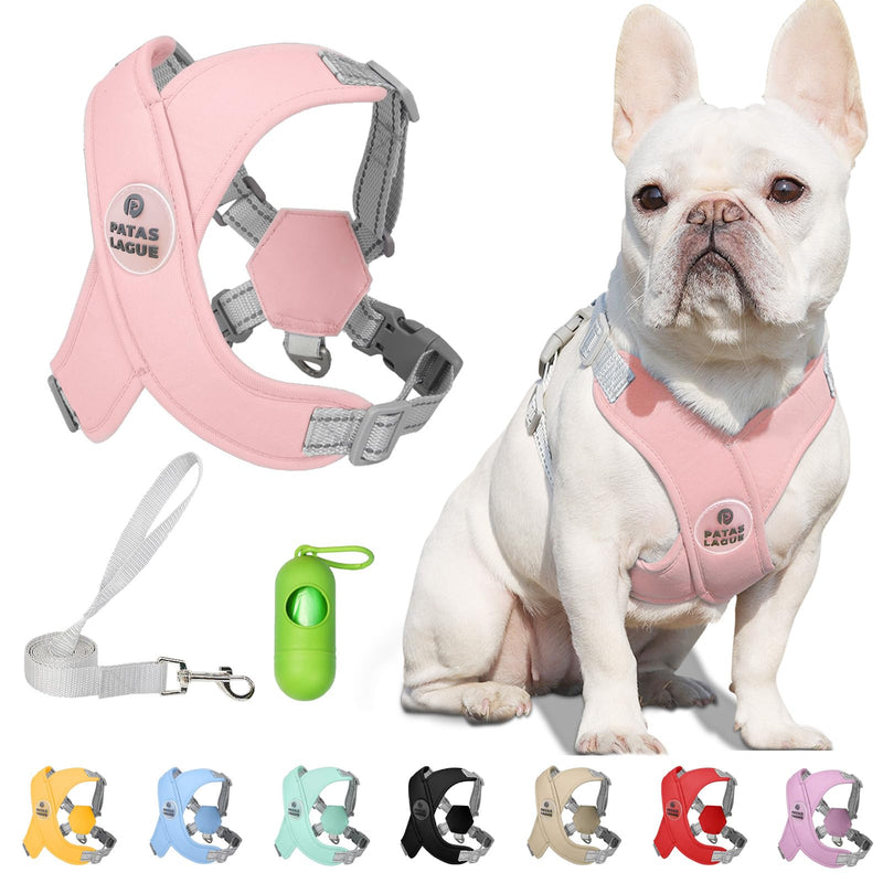 Patas Lague Dog Harness with Leash Set Adjustable Soft Padded Step-in Dog Vest No Choke No Pull Reflective for Small Medium Pets with Poop Bags and Dispenser, Solid and No-chew, Pink M