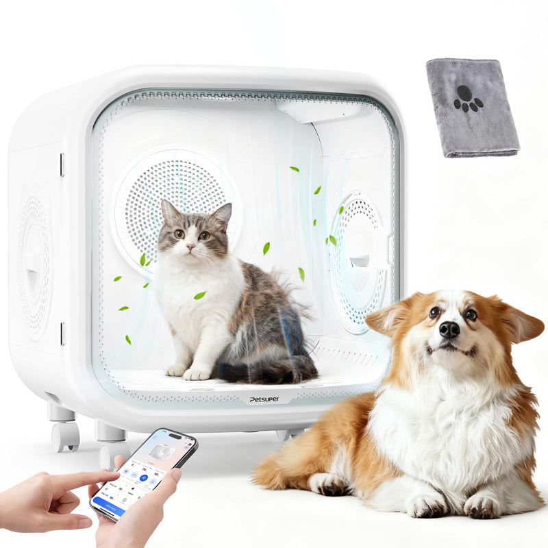Upgrade 75L Large Automatic Cat Dryer Box with Pet Towel -360° Rapid Drying and APP Control, Smart Safe Temperature & Overheat Protection, Ultra-Quiet & Grooming Box for Cats and Small Dogs