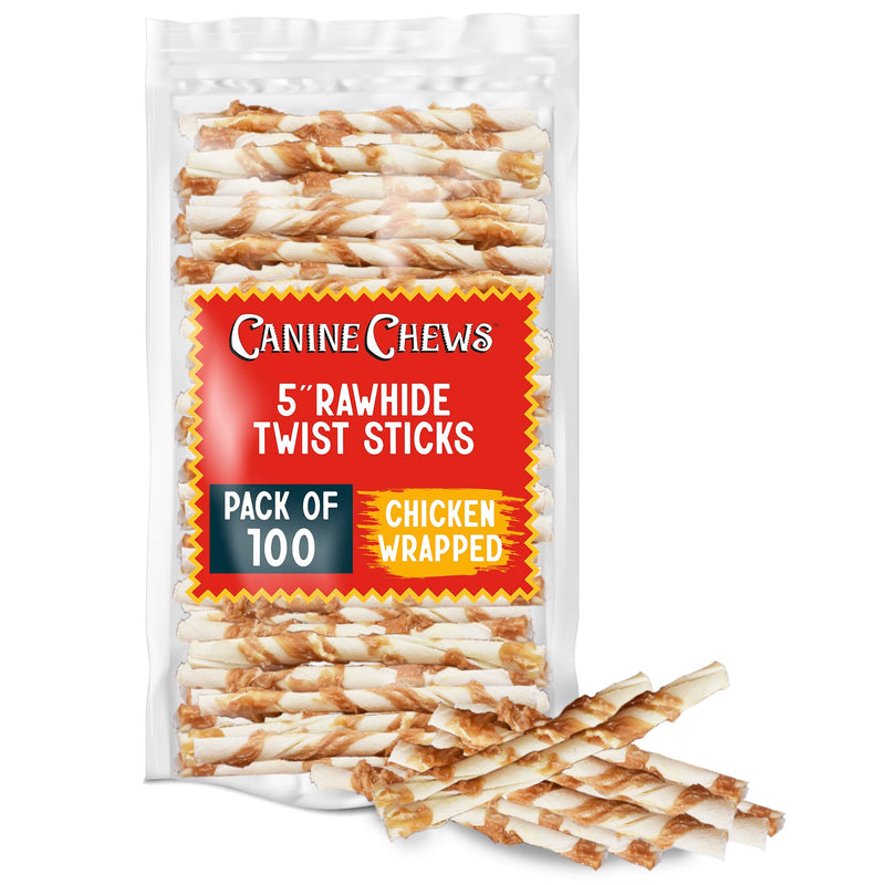 Canine Chews Chicken-Wrapped Rawhide Twists for Dogs - Pack of 100 U.S.A. Sourced Chicken Wrapped Rawhide Dog Treats, Sticks for Dogs - Premium & Natural Beefhide Chews