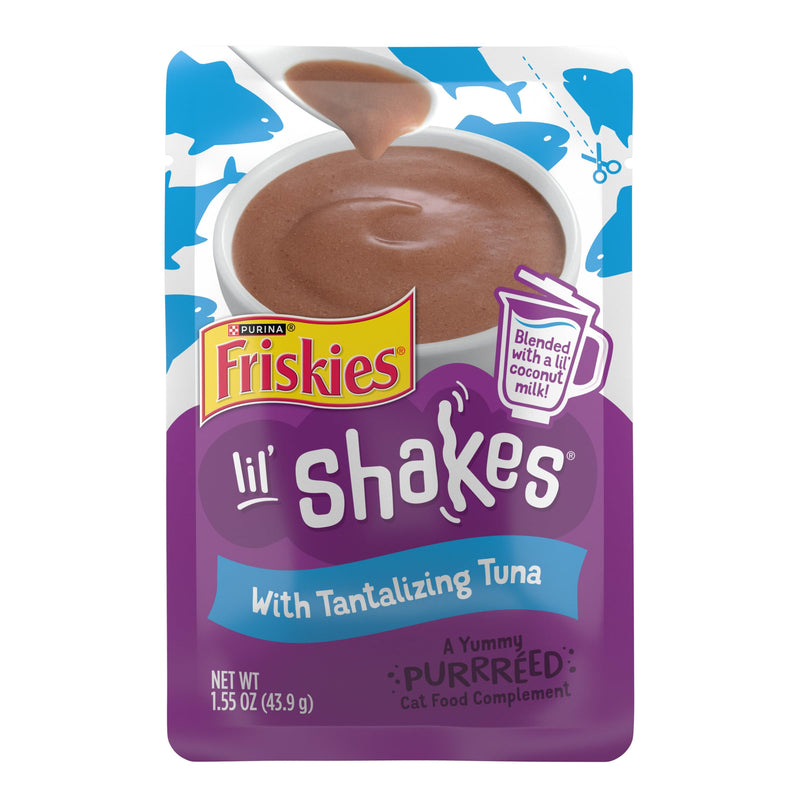 Purina Friskies Pureed Cat Food Topper, Lil’ Shakes With Tantalizing Tuna Lickable Cat Treats - (Pack of 16) 1.55 oz. Pouches
