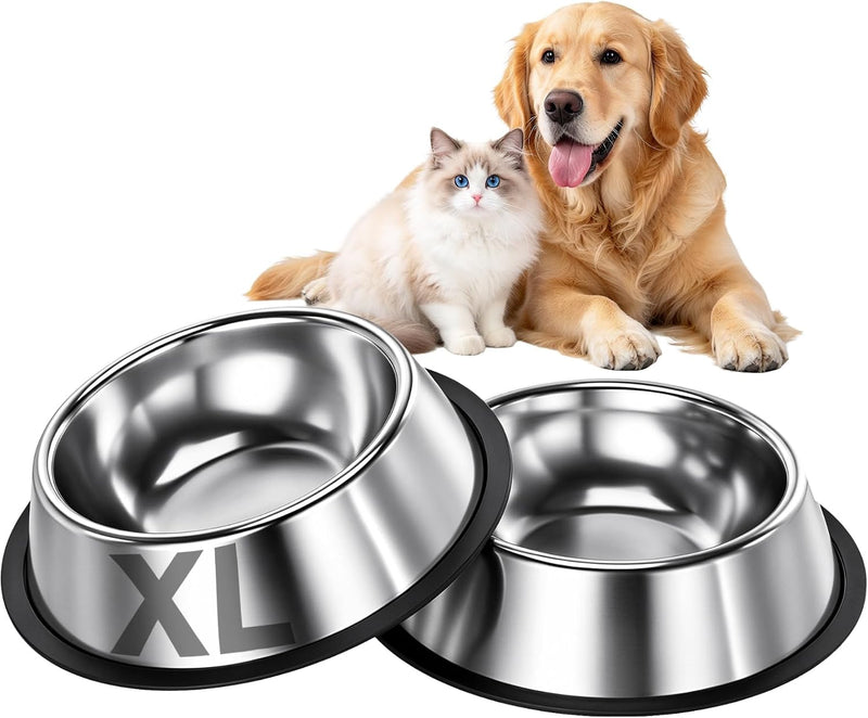 13 Oz Steel Stainless Cat Dog Pet Food Water Shallow Dish Bowl, 2Pcs
