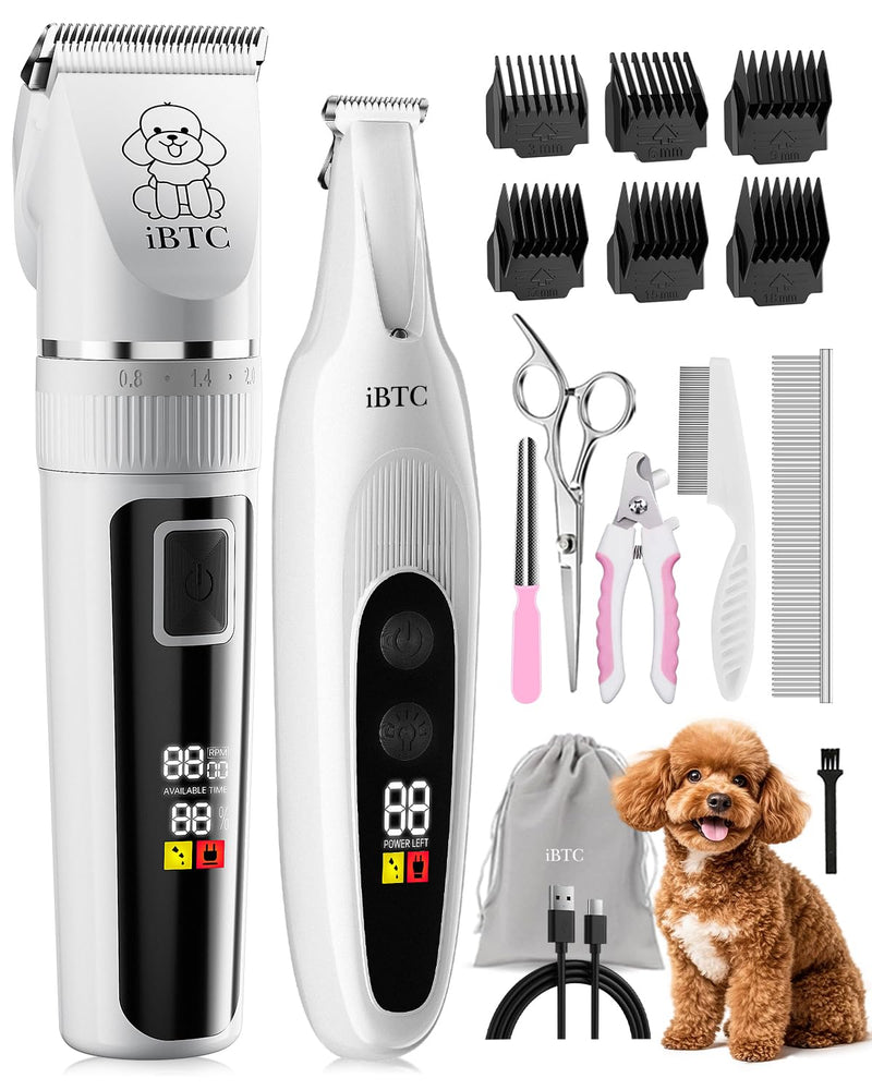 iBTC Professional Dog Grooming Kit at Home: All-in-One Quiet Clippers & Nail Grinder with LED Light, Cordless Dog Shaver, Safe Poodle Grooming Kit for Paws, Face, Ears & Body(White Combination)