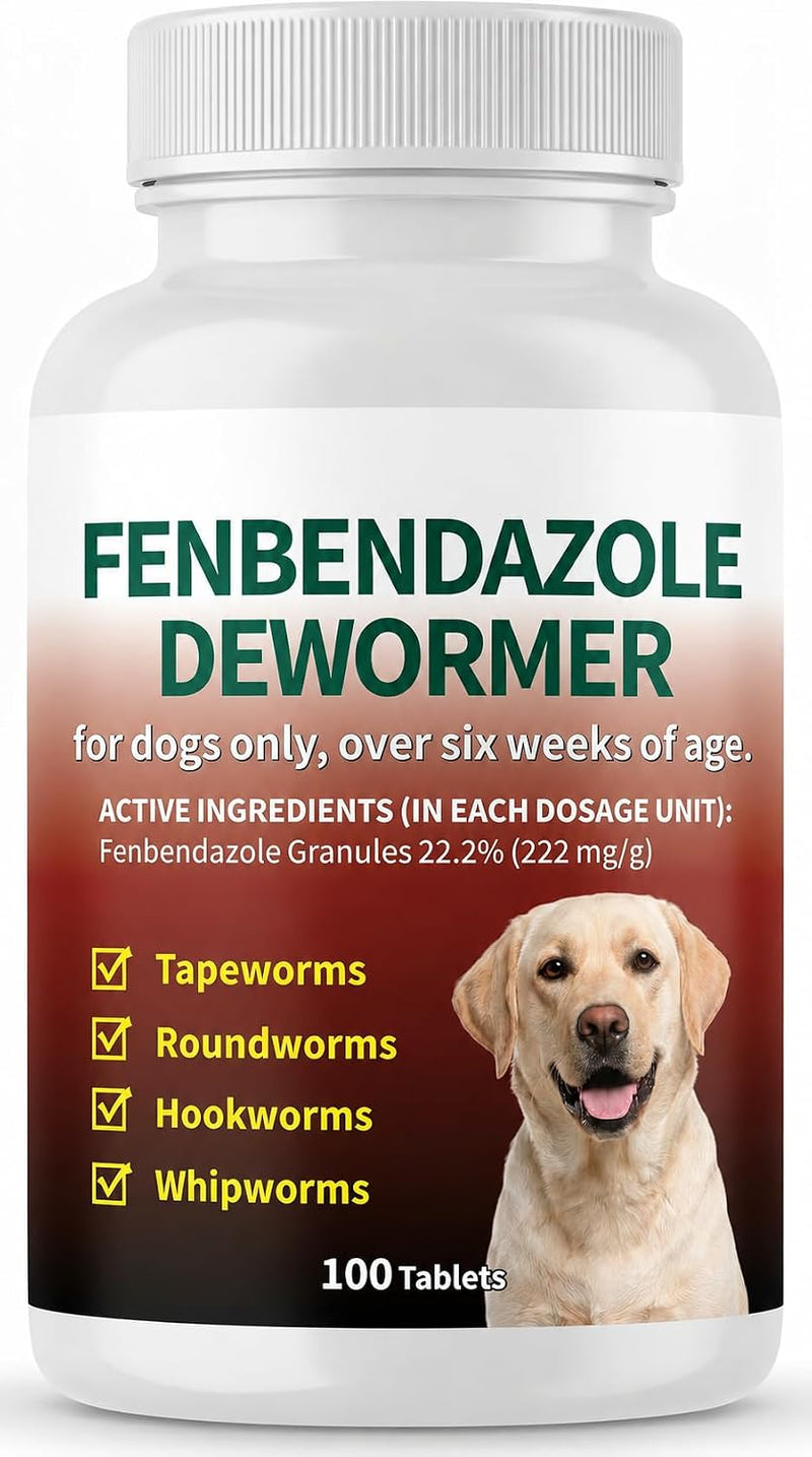 Dog Dewormer with Fenbendazole for Dogs, Broad-Spectrum, Safe for Puppies 6 Weeks & Older, 100 Tablets