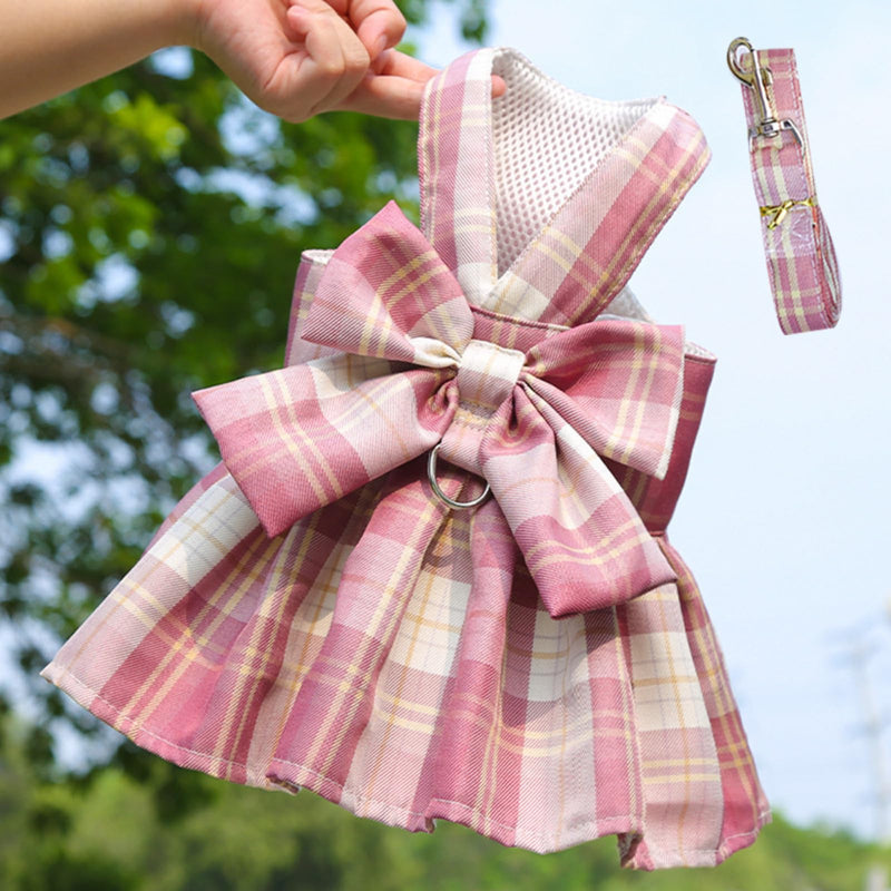 Plaid Bowknot Pet Harness Dress & Leash Set, Adjustable Mesh Vest for Small Dogs/Cats, Soft Comfortable Stylish Outfit