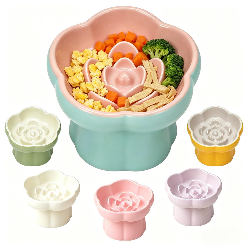 Koieam Cat Slow Feeder Flower-Shaped Ceramic Slow Feeder Cat Bowl, Tilted Raised Cat Slow Feeder Bowl for Whisker Relief, Prevents Vomiting & Bloating, Non-Slip Base
