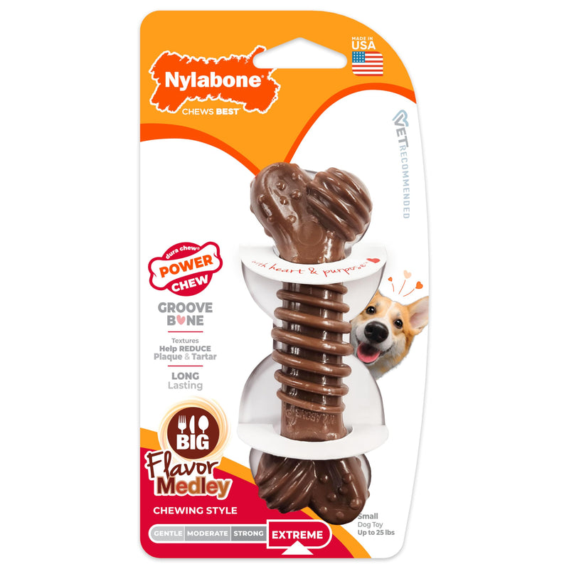 Nylabone Power Chew Groove Bone - Dog Toys for Aggressive Chewers - Durable Dog Toy for Small Breeds - Small Dog Chew Toys - Flavor Medley, Small, Up to 25 Ibs. (1 Count)