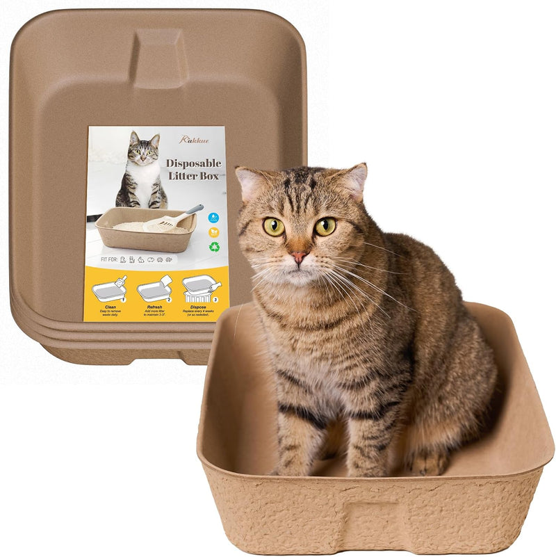 KAKKUE 4 Pack Disposable Cat Litter Boxes, Durable Leak-Proof Cardboard Kitty Litter Trays for Temporary Use, Litter Box Liners & Travel, Ideal for Picky Cats