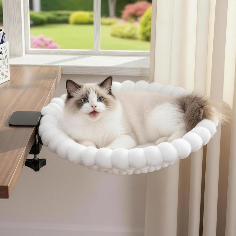 Anywish Cat Desk Bed - Cat Hammock for Desk with Faux Rabbit Fur, 180° Folding Space-Saving, Dual-Sided Reversible for All Seasons, Removable & Washable, Holds Up to 40 lbs – for Home Office Desks