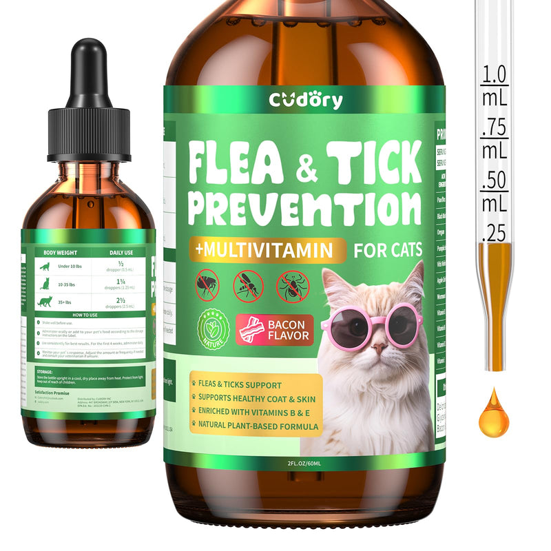 Flea & Tick Support for Cats – Natural Herbal Drops with Multivitamin – Fleas and Ticks Comfort Formula for Cat All Breeds & Ages – Bacon Flavor