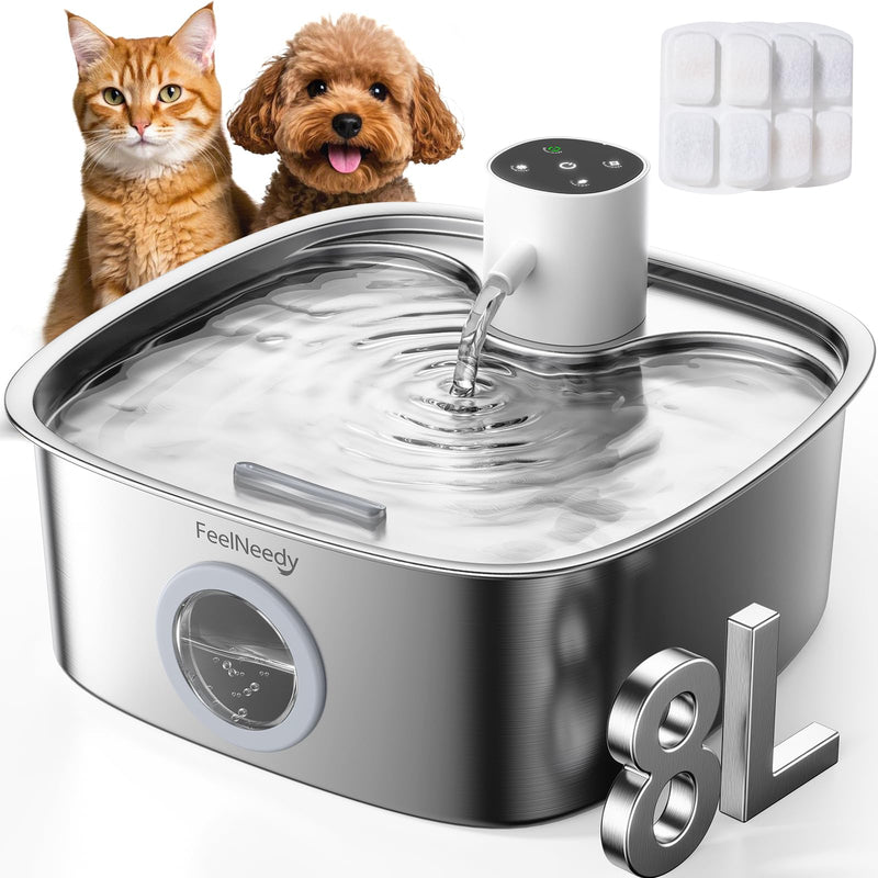 Cordless Wider Tray Dog Water Fountain, 5000mAh Battery Operated Dog Water Bowl Dispenser with 3 Motion Sensor, FEELNEEDY Stainless Steel Pet Water Fountain for Multi-Pets, Easy Setup & Clean, 8L