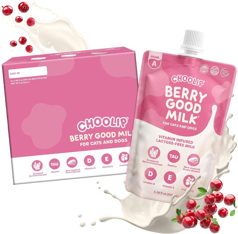 Choolip Berry Good Milk for Cats & Dogs – Lactose-Free Pet Milk Pouches – Vet-Formulated Hydrating Drink with Cranberry, CoQ10, Glucosamine & Omega-3 (100mL x 8 Pouches)