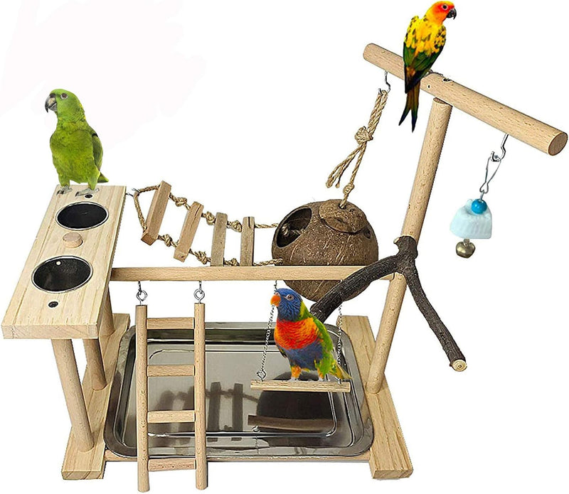 Parrots Playground Bird Play Stand Natural Wood Parrot Perch Gym Playpen Parakeet Nest with Feeder Cups Ladders Lovebird