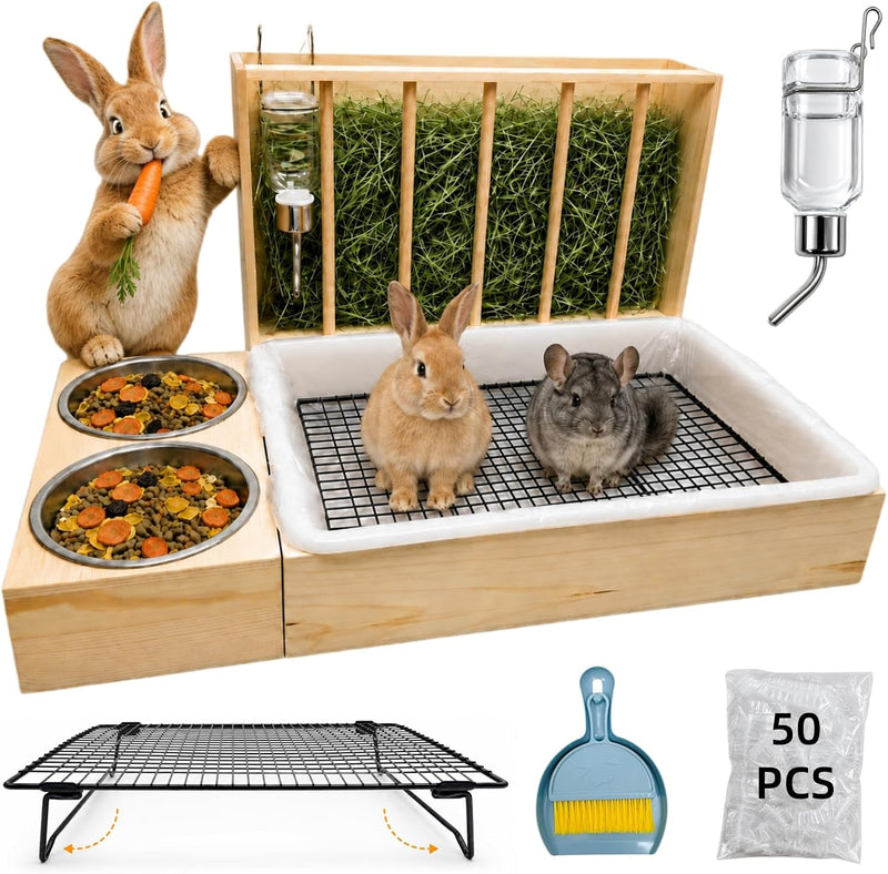 3 in 1 Rabbit Hay Feeder with Litter Box and 2 Bowls, Solid Wood Bunny Feeder Station with Adjustable Metal Hay Rack, Wa