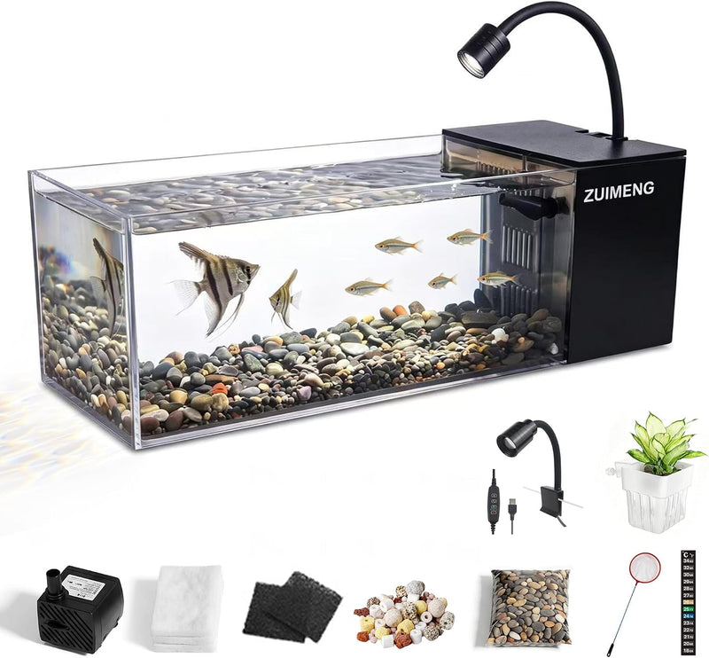 2.7 Gallon Small Fish Tank,Ultra-Clear Rimless Desktop Glass Aquarium Fish Tank Starter Kit with Side Filtration System