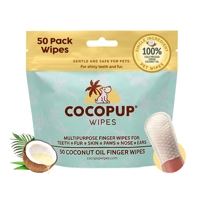 Cocopup Dog Teeth Cleaning Wipes | Pet Dental Finger Wipes | Dogs and Cats Tooth Cleaning Pads Plaque Remover Ear Nose Paws Fur Cleaners | Contains Coconut Oil | 1 Pack of 50