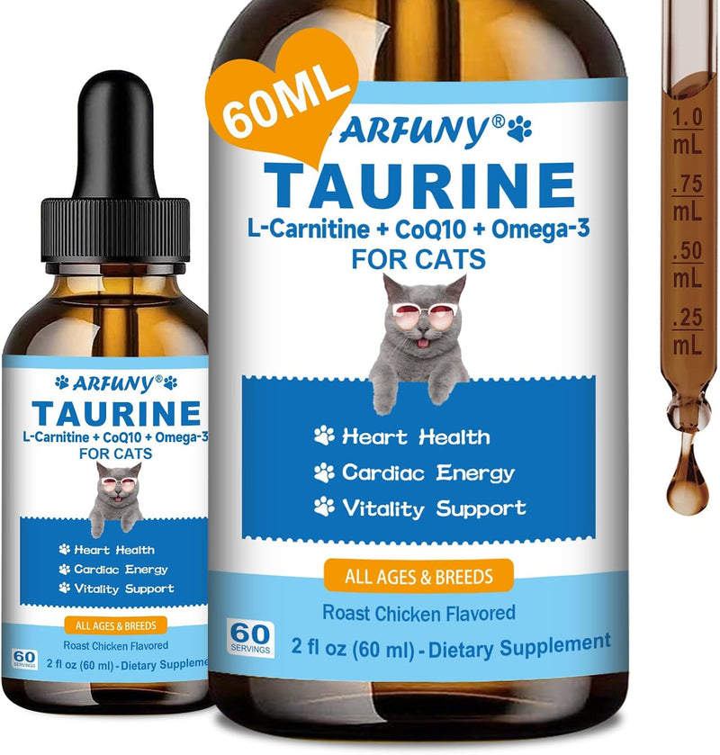 Taurine for Cats - Taurine Supplement for Cats Heart Health, Cardiac Function, Immune System Support - with L-Carnitine, CoQ10, Omega-3, L-Arginine - 60ML, Roast Chicken Flavor
