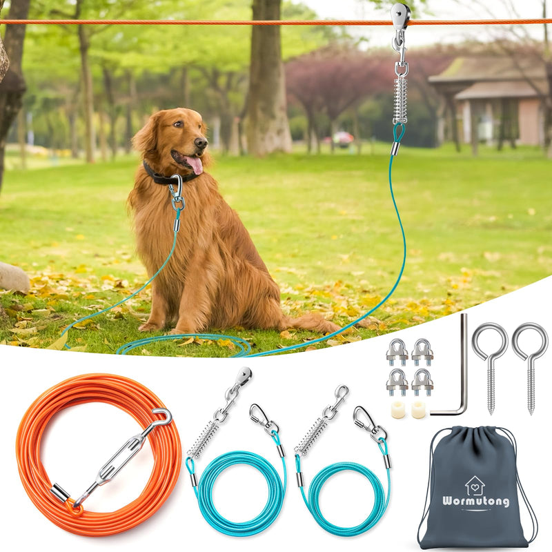 Upgraded Dog Runner for Yard, Heavy Duty Dog Trolley System with 10ft & 15ft Tie Out Cable (Orange+Aqua, 100ft Runner line+(10ft &15ft) tie Out Cable)