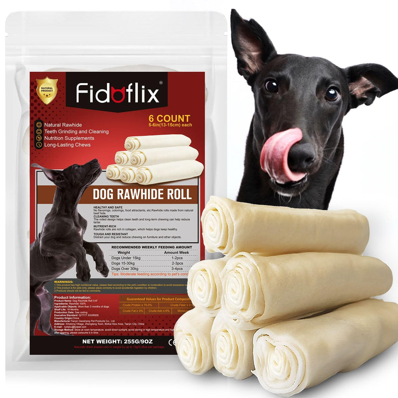 FidoFlix Dog Rawhide Chews,Long Lasting Rawhide Rolls Rawhide Sticks,Natural Flavor Dog Beefhide Treats,5-6 Inch Digestible Single Ingredient Dog Rawhide Bones for Midium Large Dogs (6 Pack)