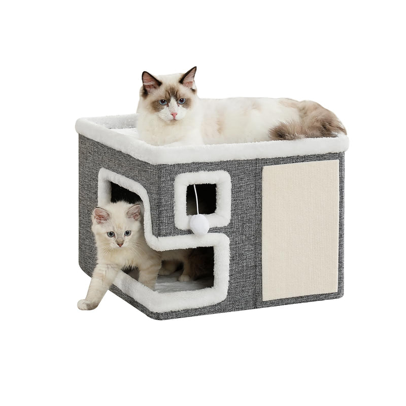 Crispedia Cat Houses for Indoor Cats, Covered Cave Bed with Scratch Pad and Fluffy Ball, Foldable Cat Hideaway Condo for Large Cats, Modern Kitten Bed,16.5x16.5x13 inches (Grey, Large)