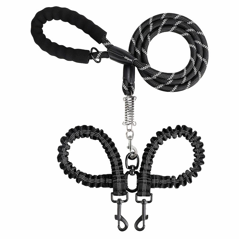 iRipets Double Dog Leash No Tangle – 360° Swivel Dual Lead for Two Dogs with Shock Absorbing Bungee & Reflective Stitching | Small Medium Breeds (10–60 lbs, Black)