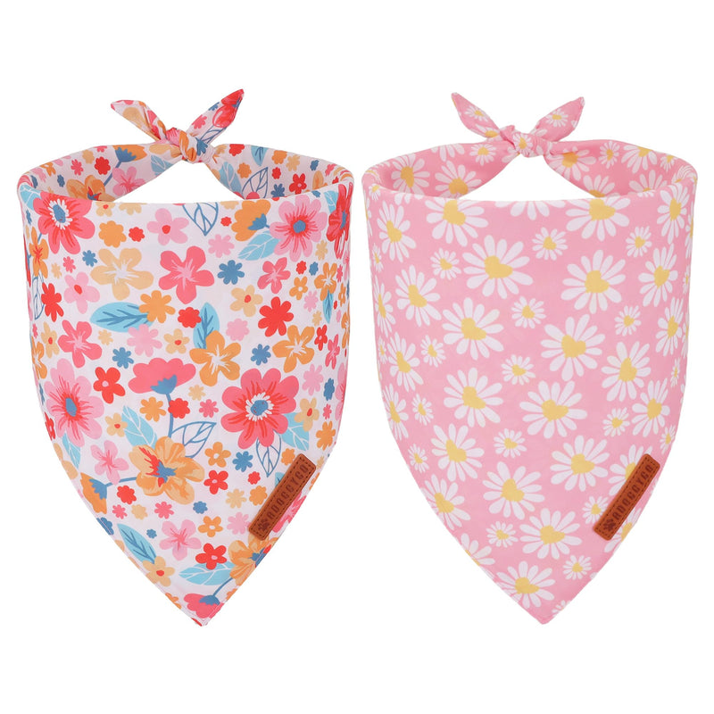 ADOGGYGO Floral Dog Bandana 2 Pack, Reversible Pink Daisy Pet Scarf Bib, Adjustable Fit Cute Flower Bandanas for Medium Large Dogs Pets (Large)