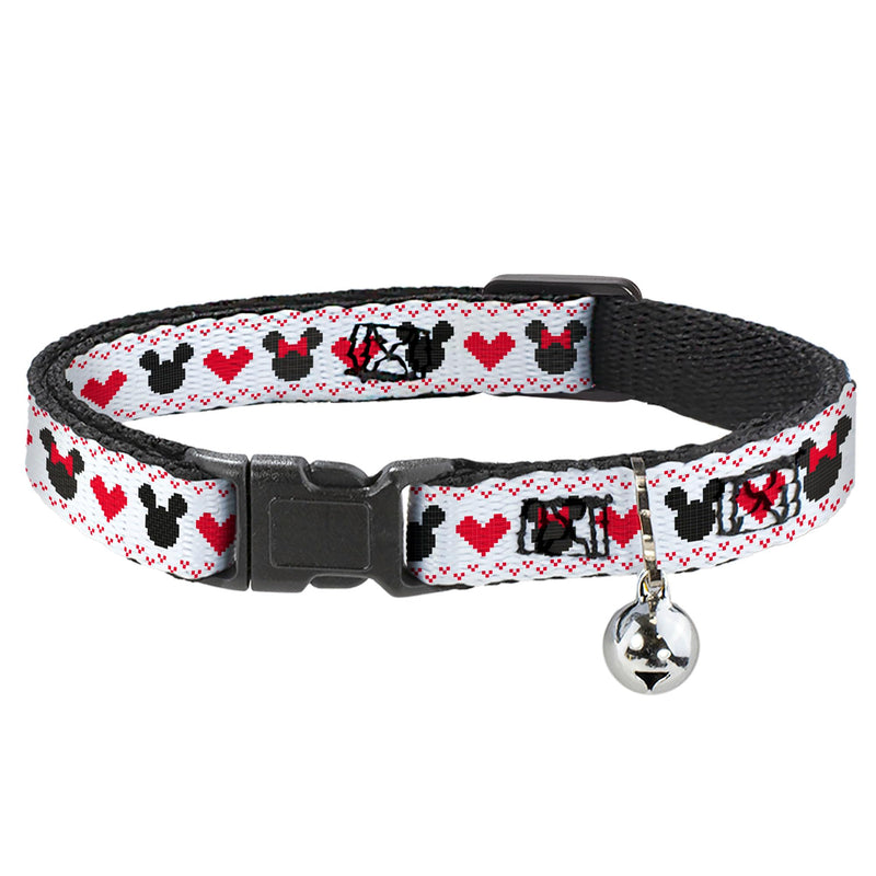 Disney Breakaway Cat Collar with Bell, Plastic Clip, Easy Adjustable, Disney Holiday Mickey and Minnie Mouse Heart Sweater Stitch, 8.5 to 12 Inches 0.5 Inch Wide