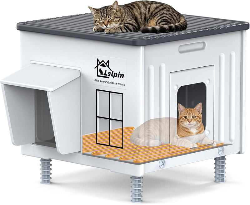 Indestructible Heated Cat House for Outside, 100% Waterproof & Weatherproof Outdoor Heated Cat House with Escape Door fo